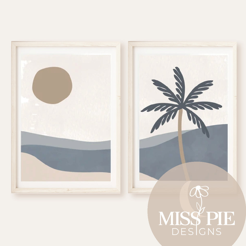 Blue Palm Landscape - Print pair