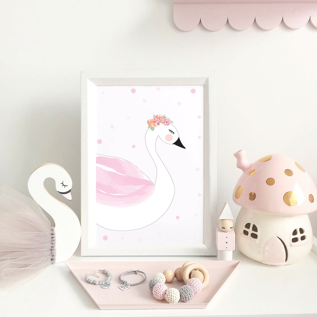 Peach and Pink Floral Swan Print